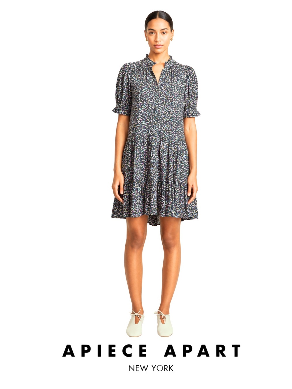 Apiece Apart Blue Floral Tiered Mitte Short Sleeve Mini Dress, size small
